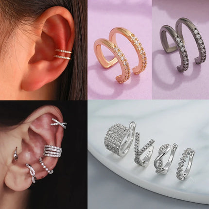 New Silver Color Zircon Ear Cuff Ear Clip for Women No Pierced Cross Geometric Earcuff Wrap Rhinestone Earcuff Clips Jewelry