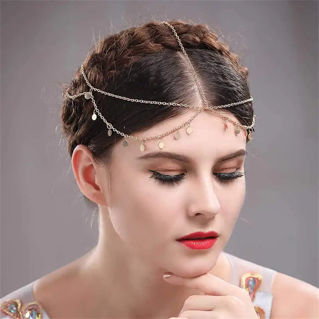 Wave Tassel Chain Headwear Tassel Electroplated Alloy Sequin Round Sheet Multi-layer Wedding Supplies Hair Accessories