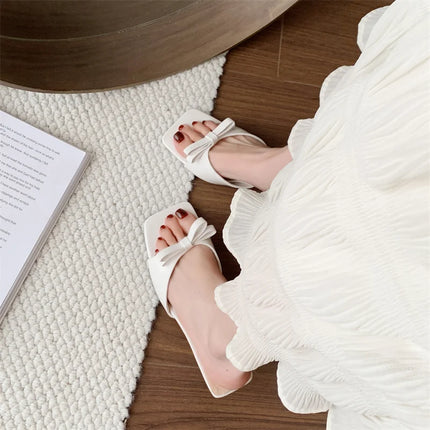 Designer Women Square Toe High Heel Slippers Fashion Butterfly-knot Dress Shoes Summer Stripper Mules Slides Zapatos De Mujer