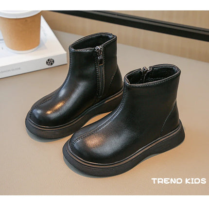 Children Fashion Boots Simple Girls Ankle Boot Black Kids Short Leather Boots Side Zipper Thick Bottom Autumn Winter 2024 New