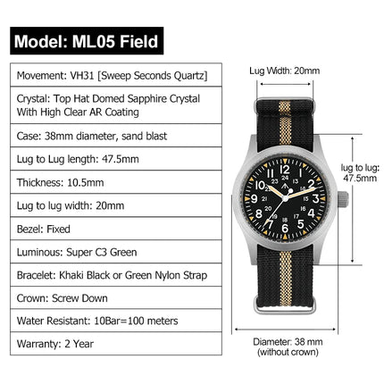 Militado ML05 Vintage Watch VH31 Sweep Second Movement Domed Sapphire Crystal With High Clear AR Coating Luminous 38mm Watches