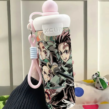 Demon Slayer Stainless Steel Insulated Cup Cute Fashion Cartoon Floating Ball Straw Thermos Portable Coffee Cup Gift for Friends