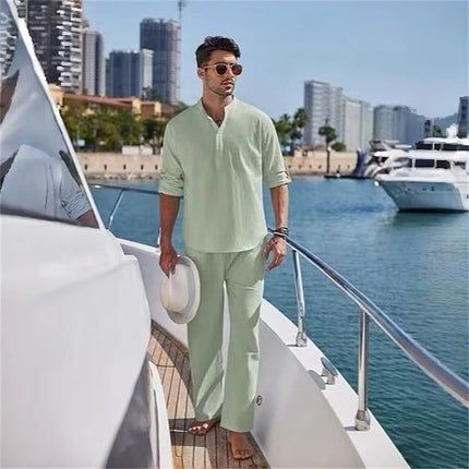 Men's Resort Style Stand-Up Collar Long-Sleeved Top + Loose Trousers Set Yacht Style Casual Comfortable Two-Piece Set S-2XL
