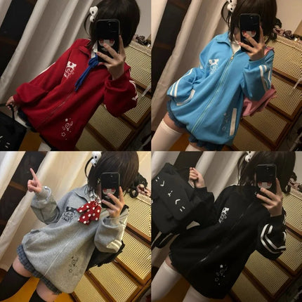 Preppy Style Fashion Cute Japanese Zip Up Cardigan Harajuku Punk Grunge Loose Turn Down Collar Y2k Hoodies Casual Sweatshirts