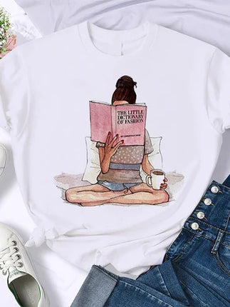 Coffee Books Brown books American retro T-shirt woman round neck half sleeve T-shirt printed T-shirt top woman oversized