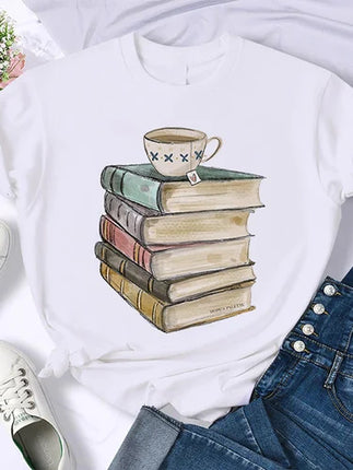 Coffee Books Brown books American retro T-shirt woman round neck half sleeve T-shirt printed T-shirt top woman oversized