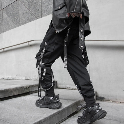 Men's Cargo Pants Casual Hip Hop Hit Color Multiple Pockets Trousers Streetwear Black Punk Ribbons Techwear Sweatpants Boys