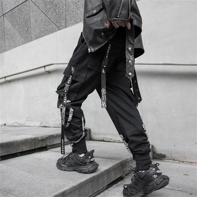 Men's Cargo Pants Casual Hip Hop Hit Color Multiple Pockets Trousers Streetwear Black Punk Ribbons Techwear Sweatpants Boys