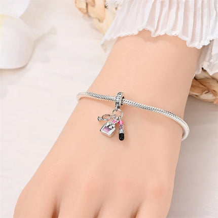 100% 925 Sterling Silver Fashion Pink Princess Skirt Bag Lipstick Charms Beads Fit Qikaola Original Bracelets DIY Jewelry Gifts