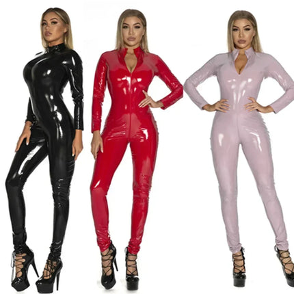 Pluse Size Women Shiny Leather Jumpsuits Long Sleeve Zipper Open Crotch Latex Bodysuit Hot Porn Breast Exposing Sexi