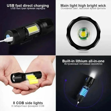 Mini Tactical LED High Power Flashlight Rechargeable Zoom Strong Waterproof Outdoor Camping Torch COB Side Lights 3 Modes