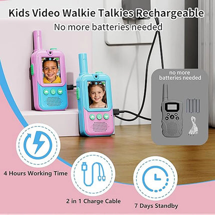2 Pack Video Walkie Talkies for Kids Ages 3-12, 4 Voice Effects & Screen, Rechargeable, Perfect Holiday Gift for Boys Girls