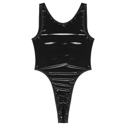 Sexy Mens High Cut Crotchless Patent Leather Bodysuit Catsuit One Piece Wet Look Backless Sleeveless Leotard Clubwear Costume