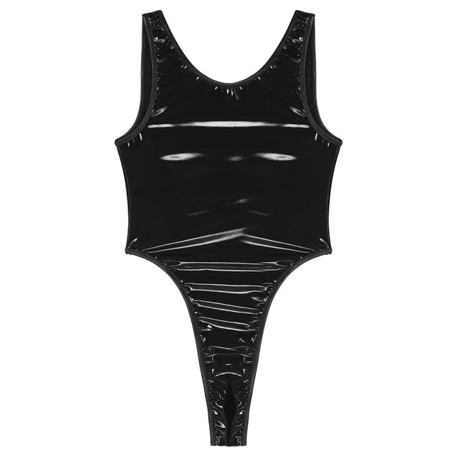 Sexy Mens High Cut Crotchless Patent Leather Bodysuit Catsuit One Piece Wet Look Backless Sleeveless Leotard Clubwear Costume