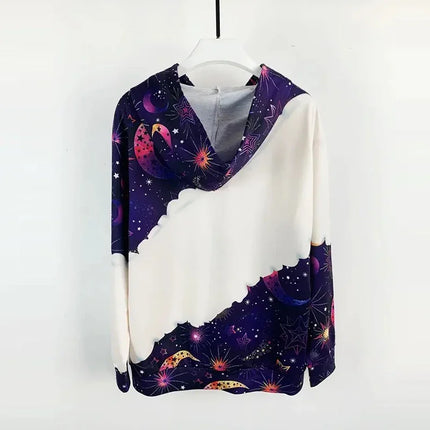 Moon Print Kangaroo Pocket Hoodie Casual Long Sleeve Drawstring Hoodies Sweatshirt Women's Clothing