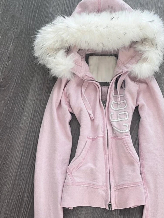 Winter Retro Pink Fur Hoodie Women's Y2K Harajuku Artificial Fur Collar Jacket Fashion Slimming Belt Hot Girl Sportswear