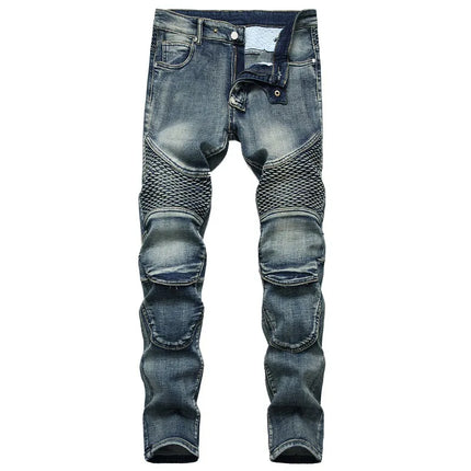 2025 New European and American style jeans, men's Amazon riding knee pads, retro motorcycle jeans, slim-fit trendy men's jeans