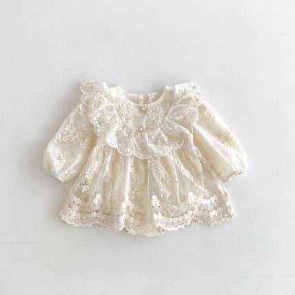 2026 Baby Girl Princess Dress 0-24M Vintage Lace Embroidered Ruffled Collar Romper Dress with Snap Closure Formal Party Dress