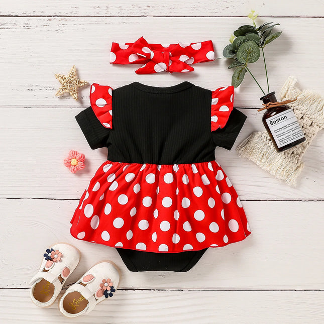 Newborn Baby Girl Polka Dot Dress with Bow Outfit - Soft Summer Wear for Infants - Cute Clothing + Headband