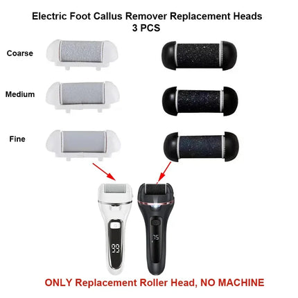 3 Pcs Black Foot Care Tool Heads Hard Skin Remover Refill Replacement Rollers for Cracked Heels Calluses & Dead Skin