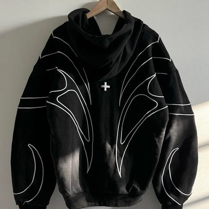 Street Retro Fashion Clothing Striped Embroidered Black Double Zipper Hoodie American Hip-hop Punk Oversized Sweatshirt women