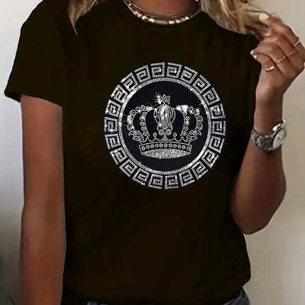 Luxury Crown Medallion Women's Tee - Modern Chic Graphic, Casual White Top
