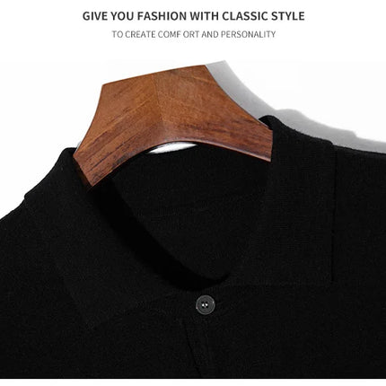 Men's short sleeved polo shirt, stylish top, knitted T-shirt, 2024 summer wool blend casual business pullover