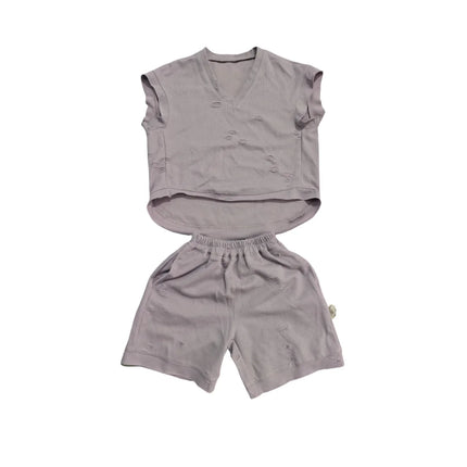 RAISE Summer Brother Sister Clothes Muslin Hollow V-collar Kids Boy Short Sleeve Top Suit Loose Solid Straight Shorts Tracksuits
