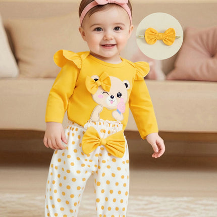 Baby Girls Fall Outfits Long Sleeve Bear Embroidery Romper and Dot Print Pants and Bow Headband