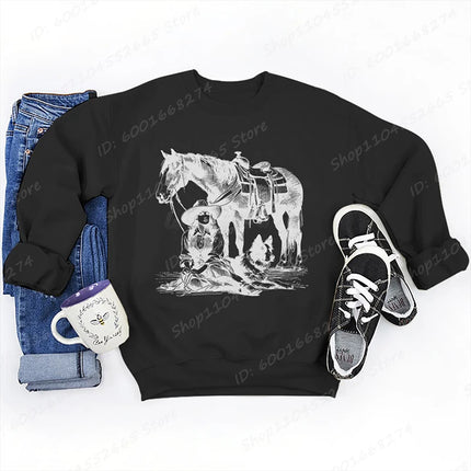 Women Oversized Sweatshirt, Cowgirls Horse & Dog Print Crew Neck Sweatshirts Casual Long Sleeve Plus Size Hoodless Pullovers