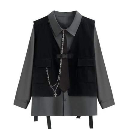 Men Women Gothic Shirt Suit Korean Loose Long-sleeved Blouse Functional Workwear Suit Vest Two-piece Set 2023 Spring Autumn Top
