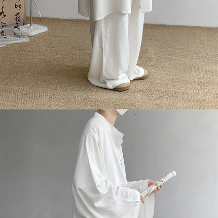 New Chinese Style Men's Shirt and Pants Set Retro Spring Autumn Youth Chinese Style Clothing Polyester Fiber Machine Washable