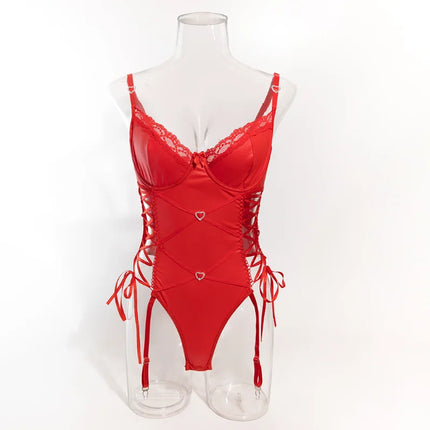 Toucheart Sexy Lingerie Onesie Suit for Women Lace Patchwork PU Sling Onesie Sexy Lace Up Solid Color Garters Underwear Set New
