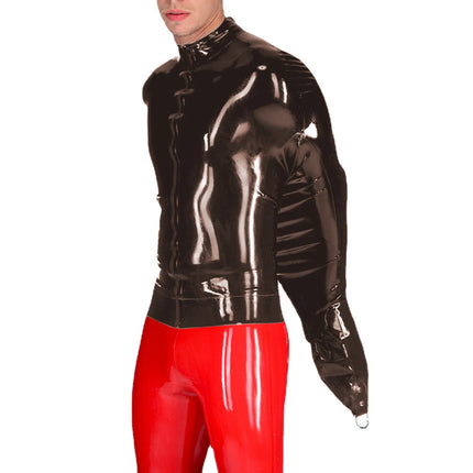 Exotic Mens BDSM Shiny PVC Leather Armbinder Restraint Tops Sexy Club Straitjacket Full Sleeve One Arm Bondage T-Shirts Cosplay