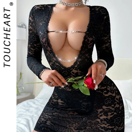 Toucheart Sexy Mesh See-through Nightgown For Women Deep V-neck Lace Hollow Out Solid Color Long Sleeve Pajamas Underwear Set