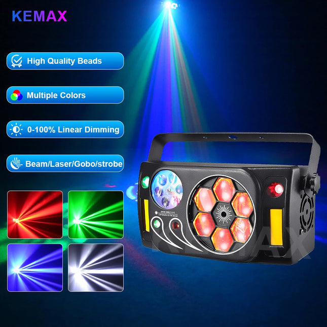 DJ Equipment 80W 6-in-1 Bee Eye Disco Party Lights DMX Beam Laser Strobe Gobo RGBW Sound Control Stage Effect Light For Christmas