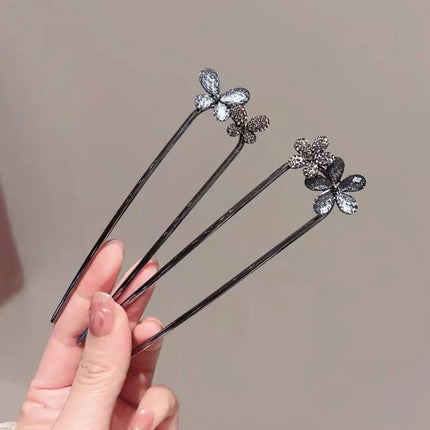 Metal Flower Hair Stick For Women Girls U-shaped Hairpin Fashion Hair Clip Pins New Blue Crystal Hair Bun Hair Accessories