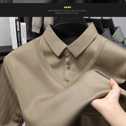 Men's Winter Thickened Fleece Lined Knitwear Polo Shirt Long Sleeve Loose Fit Solid Color Thermal Base Layer Two-Piece Look
