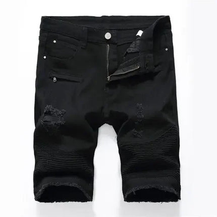 New Red Men's Jeans Shorts Pleats and Holes Decorated Shorts Men Blue White Black Blue Red Denim Shorts，Asian Size