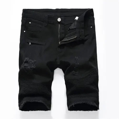 New Red Men's Jeans Shorts Pleats and Holes Decorated Shorts Men Blue White Black Blue Red Denim Shorts，Asian Size