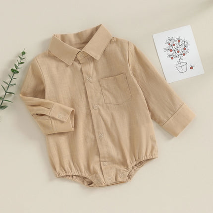 Pudcoco Infant Baby Boy Gentleman Romper Solid Color Long-Sleeved Lapel Front Button Jumpsuit with Pocket Toddler Clothes 0-24M