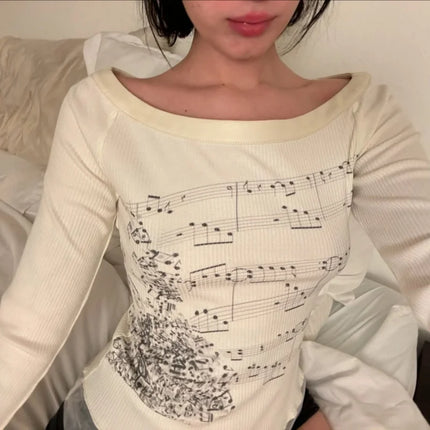 Women Y2K Graphic Long Sleeve Top Off Shoulder Music Score Tee Shirt Aesthetic Fairy Grunge T-Shirt 2025 Fall Streetwear