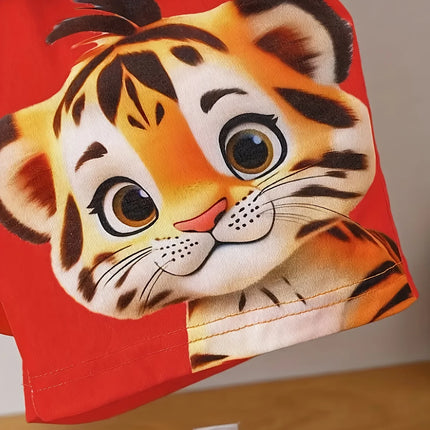 Toddler Tiger Graphic 2-Piece Outfit Set: White Cartoon Tiger T-Shirt + Red Shorts (0-3T) - Cute Kids Summer Casual Clothes