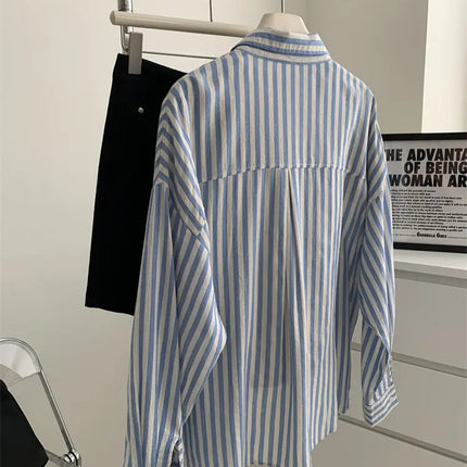 Blue Linen Striped Shirt for Women in Summer, Thin Sagging, Lazy and Slimming, Sun Blouse