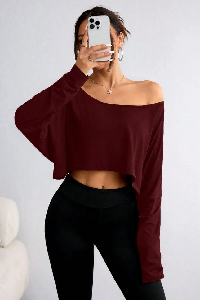Spring 2025 Women's Loose Collar Base Fashion Crop T-Shirt Long Sleeve Casual Comfortable Line Neckline Solid Short Top