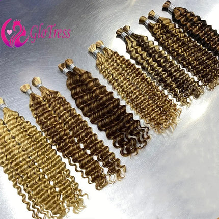 Human Braiding Hair for Boho Braids 50g/Pack Highlight Deep Wave Bulk Human Hair 4/27 Ombre Knotless Braiding Hair Extensions
