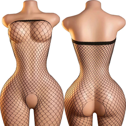 Off Shoulder Open Crotch Underwear Set Black Fishnet Hollow Bodystockings Sexy Crotchless Lingerie Women Erotic Teddy Bra Sets