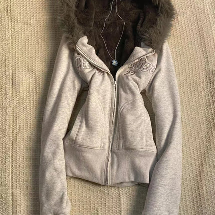 New Hip Hop Fashion Light Gray Letter Embroidery Cardigan Hooded Sweatshirt High Street Spicy Girl Slim Fit Waist Hugging Jacket
