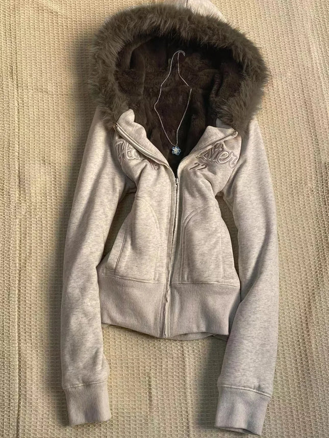 New Hip Hop Fashion Light Gray Letter Embroidery Cardigan Hooded Sweatshirt High Street Spicy Girl Slim Fit Waist Hugging Jacket