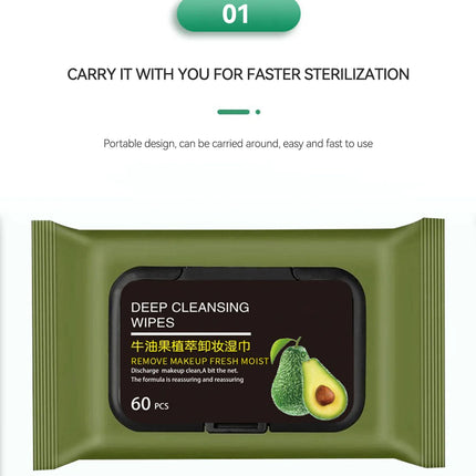 Avocado Makeup Remover Towel - Large Volume 60pcs, 3-in-1 Gentle Deep Cleansing for Eyes, Lips & Face,One-time makeup remover